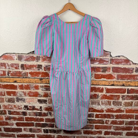 Vintage Jane Schaffhausen Dress Sz 4 Pink Blue Stripe Puff Sleeve Zip Up USA 80s - Picture 1 of 5